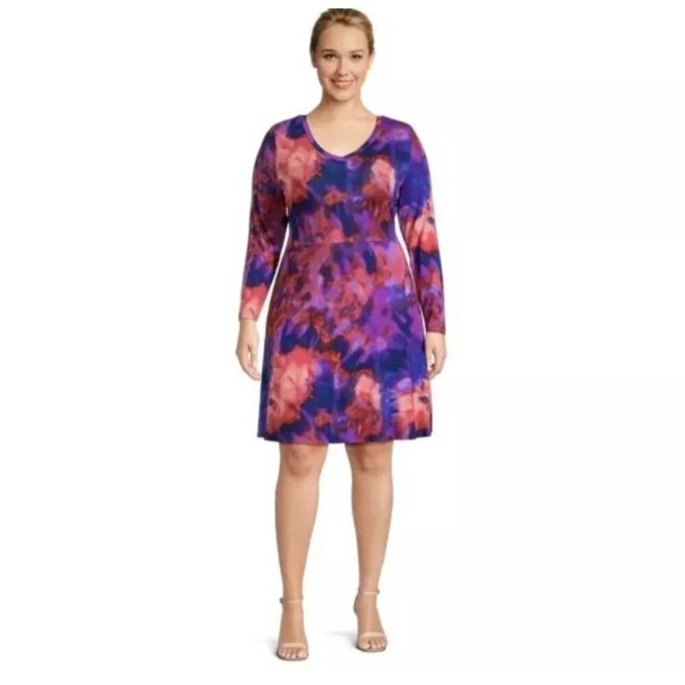 Terra & Sky Woman Knit Swing Dress Size 3X Long Sleeve Purple & Coral Knit - Picture 7 of 10